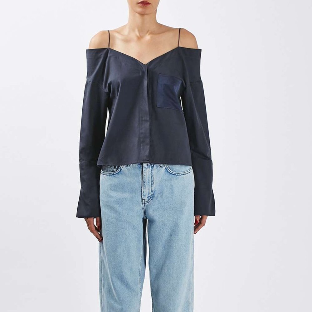 NWT - TOPSHOP Navy Off The Shoulder Blouse Shirt